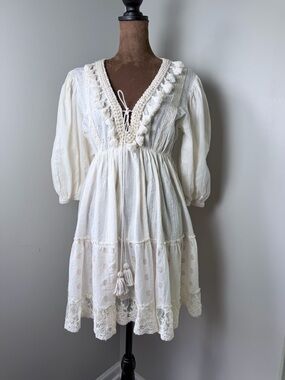 Free People Cream Boho Tassel V-Neck Mini Dress
